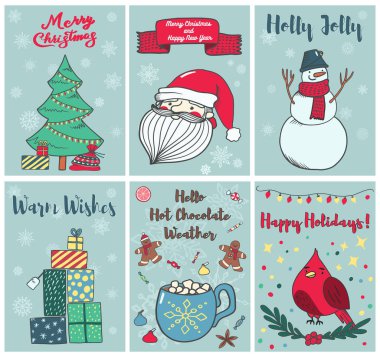 Sevimli noel karakterleri ve elementleri olan bir kartpostal koleksiyonu. Doodle illüstrasyon seti. Kış tatili kartları, posterler, tişört baskısı.