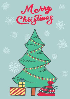 Üzerinde şirin noel karakterleri ve elementler olan bir kartpostal. Karalama çizimi. Kış tatili kartları, posterler, tişört baskısı.