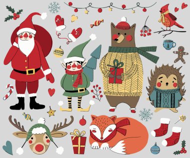 Hayvanlar ve Noel Baba 'nın Noel ve Yeni Yıl elementleri. El çizimi Vektör illüstrasyonu.