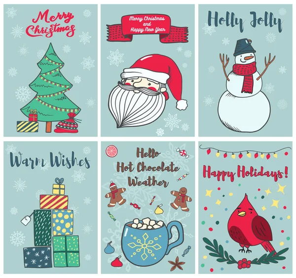 Коллекция открыток PrintVector с милыми рождественскими символами и элементами. Набор иллюстраций Doodle. Зимние праздничные открытки, плакаты, отпечаток футболки — стоковый вектор