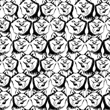 Sibirya köpekleri beyaz arka planda izole edilmiş kusursuz desenler. Portre köpekleriyle çizilmiş klasik el dokuları. Mürekkep çizimi