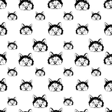 Sibirya köpekleri beyaz arka planda izole edilmiş kusursuz desenler. Portre köpekleriyle çizilmiş klasik el dokuları. Mürekkep çizimi