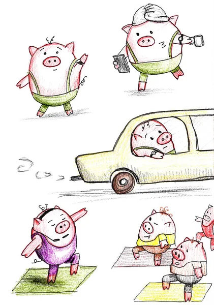 Kleine Zeichentrickfiguren posieren in verschiedenen Situationen mit handgezeichneten Illustrationen — Stockfoto