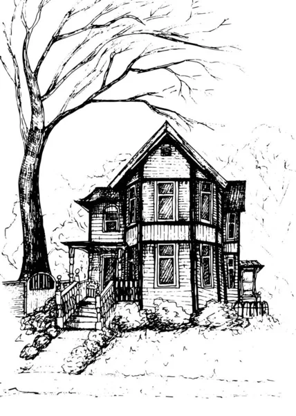 Cute hand drawn sketch house. Ink drawing vetor illustration, perfect for cards, posters, decorations and design — Stock Photo, Image