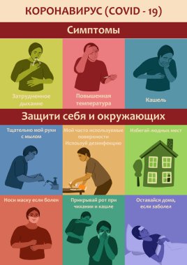 Coronavirus 2019-nCoV semptomları, önleme, sağlık ve ilaç bilgileri: öksürük, ateş, nefes darlığı. Yüz makyajı yap, ellerini yıka, evde kal. Rus harfleriyle vektör illüstrasyonuName