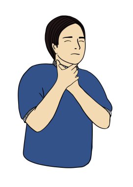 Hasta, hasta ya da hastalıklı insanlar. Çizgi film karakteri boğaz ağrısı belirtileri gösteriyor. Düz vektör çizim portresi. Infographic, guide, broşür, broşür, broşür ya da web sitesi tasarımı için element