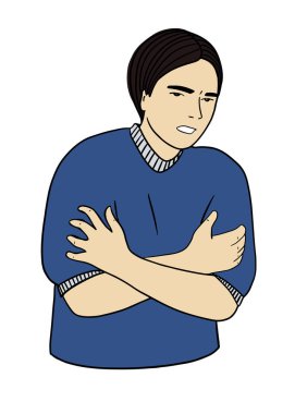 Hasta, hasta ya da hastalıklı insanlar. Karikatür karakteri donma ya da titreme belirtileri gösteriyor. Düz vektör çizim portresi. Infographic, guide, broşür, broşür, broşür ya da web sitesi tasarımı için element