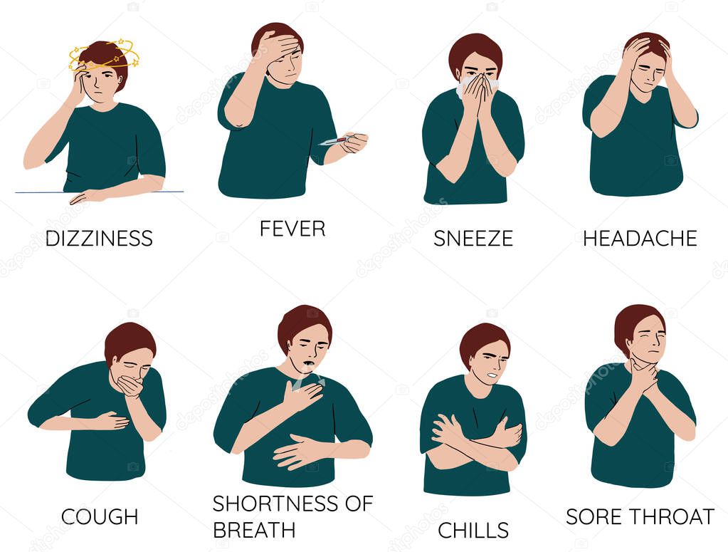 No gender cartoon characters demonstrating symptoms of common cold - fever, cough, sore throat, snot, chills, dizziness, sneeze, freeze, snot. Collection of sick or ill human. Flat vector illustration