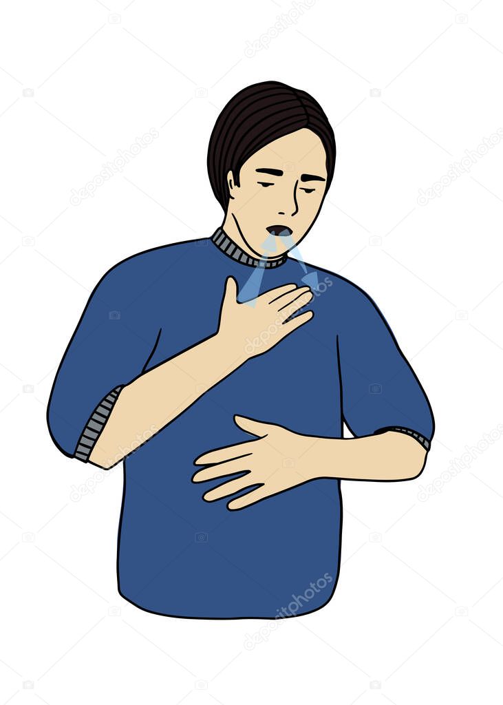 Human sick, ill or disease. Cartoon character demonstrating symptoms of shortness breath. Flat vector illustration portrait. Element for design of infographic , guide, booklet, flyer or web site