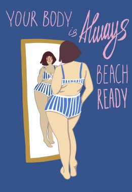 Mutlu artı beden kız aynada kendine bakıyor. Vücut pozitif konsept. Çekici şişman kadın. Şişmanların kabulü hareketi için harf kavramı şişmanlık fobisi yok. Vektör illüstrasyonu