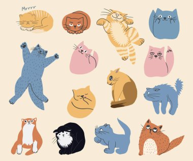 El çizimi düz kedi koleksiyonu. Farklı duygulara ve pozlara sahip kedi yavruları. Çocuksu dekorasyon giysileri, desenler, çıkartmalar, kartlar, web sitesi için vektör renkli koleksiyon