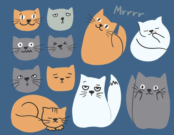 El çizimi düz kedi koleksiyonu. Farklı duygulara ve pozlara sahip kedi yavruları. Çocuksu dekorasyon giysileri, desenler, çıkartmalar, kartlar, web sitesi için vektör renkli koleksiyon