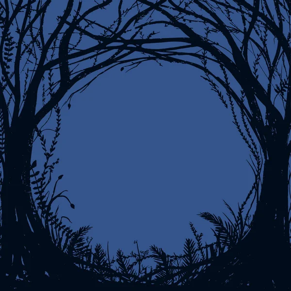 Bosque Encantado Dibujado Mano Marco Halloween Vectorial Sobre Fondo Azul — Vector de stock