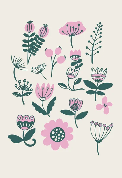 Renkli Yapraklar Bitkiler Çiçekler Çizilmiş Detaylı Botanik Çizimler Vektör Bitkileri — Stok Vektör