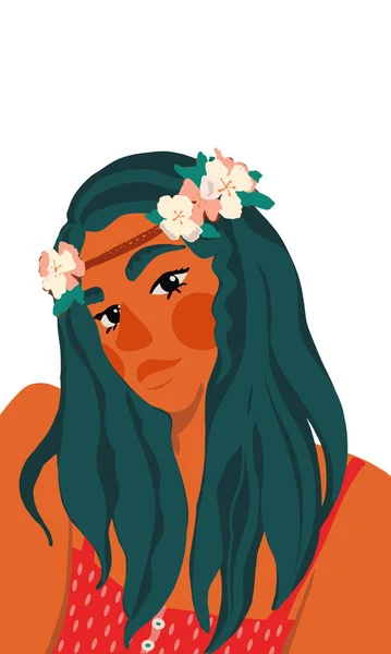 Retrato Mujer Joven Atractiva Con Flores Pelo Chica Hippie Adolescente — Vector de stock