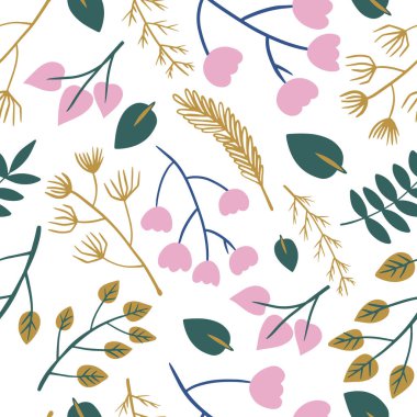 Elle çizilmiş dekoratif, pürüzsüz desen ve nazik çiçekler. Çiçekli ve yapraklı çiçek deseni. Bitkiler tekstil, kumaş, baskı, duvar kağıdı, ambalaj kağıdı için süsleme