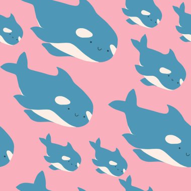 Sevimli, düz katil balina deseni. Küçük sevimli karikatür balina vektör çizimi. Tekstil, kumaş, baskı, duvar kağıdı, ambalaj kağıdı için çocukça bir süs.