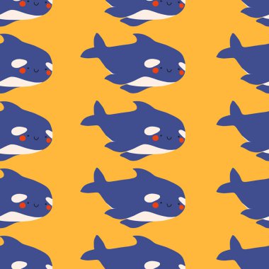 Sevimli, düz katil balina deseni. Küçük sevimli karikatür balina vektör çizimi. Tekstil, kumaş, baskı, duvar kağıdı, ambalaj kağıdı için çocukça bir süs.