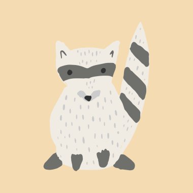 Vektör rakun. Sevimli el çizimi çizgi film hayvanı. Tasarım için düz öge, kart, etiket, poster, ambalaj, kısa baskı veya bebek bezi için mükemmel.