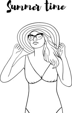 PrintHand, pembe arka planda mayolu mutlu genç bayanın çizdiği vektör çizimi. Tasarım tasarımı. Özel Sıcak Satış veya tatil teklifi konsepti, poster, afiş, kart veya web sayfası ögesi