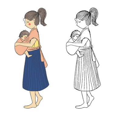 El çizimi anne ve bebek. Yeni doğmuş bebek askıda. Basit vektör koleksiyonu