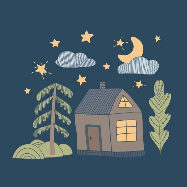 Nette Vektorillustration Mit Sternen Mond Wolke Haus Und Bäumen Nachtflaches — Stockvektor