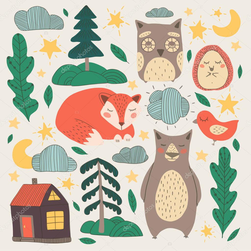Flat illustration of a sleepy forest with an owl, a bear, a hedgehog, a fox, a moon, stars, trees and a house. Ideal for print, kids wear, clothing, linen, bedding, card, sticker, poster, packaging