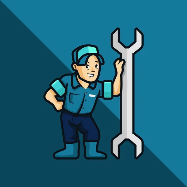 Plumber, Mechanic, Repairman, Cartoon Style Vector Illustration. Repairman, Mechanic or Plumber Lean Back on a Big Wrench