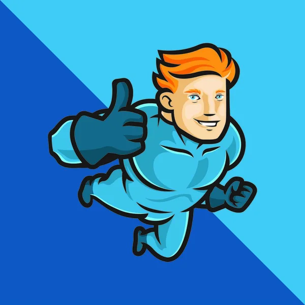 Blå Superhjälte Som Flyger Och Gör Tummen Upp Vektor Illustration — Stock vektor