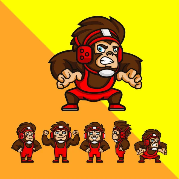 Set Cartoon Wrestler Monkey Some Pose Inglés Logo Mascota Personaje —  Fotos de Stock