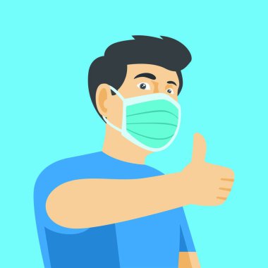 Yüzüne tıbbi maske takan ve işaret parmağı yapan bir adam.