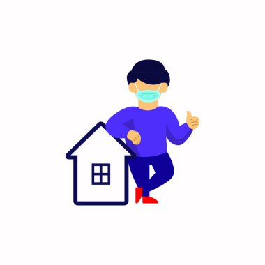 Erkekler Evlerinde Rahatlar Ağızlarına Maske Takarlar. Web Şablonunuzun Arkaplan Tasarımı Çizimi. Evde Kal.