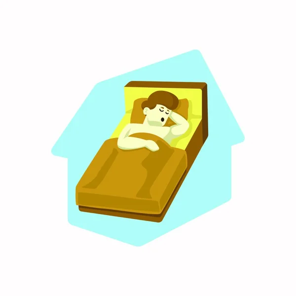 我呆在家里 意识到社交媒体活动和预防考拉韦的作用 男人睡在蓝色房子背景的床上 — 图库矢量图片