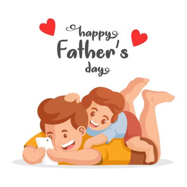 Babalar günün kutlu olsun. Aile eğlencesi konsepti. Baba oğul cep telefonuyla video izliyorlar. Babasının vücudunda bir çocuk vektör çizimi.