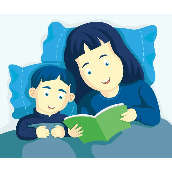 Anne ve oğlu gece yatmaya hazırlanıyorlar. Yatakta bir kitap okudum. Bir peri masalı, ilginç rüyalar gören sihirli bir hikaye. Mutlu ve birlikte gülümsüyoruz. Anneler Günü vektör çiziminiz kutlu olsun.