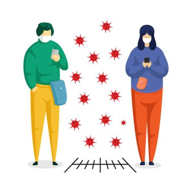 Sosyal mesafeli konsept çizimi. Elinde alet taşıyan iki kişi. 