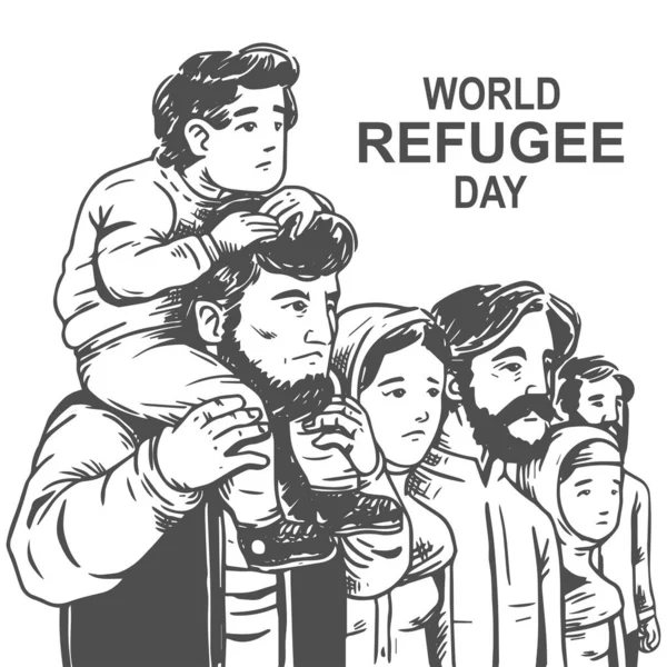 Día Mundial Los Refugiados Dibujado Mano Con Padre Hijo Free — Archivo Imágenes Vectoriales