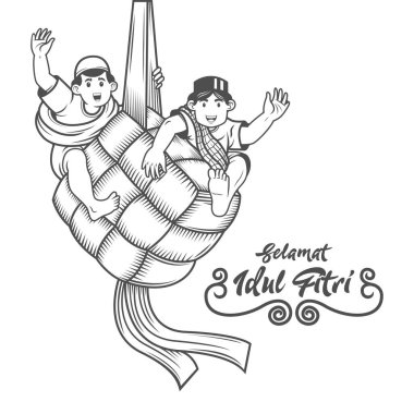 Selamat hari raya aldil Fitri Endonezya 'da mutlu bayramın başka bir dilidir. Karikatür iki müslüman bayram kutlaması Ketupat illüstrasyonuna tırmanıyor.