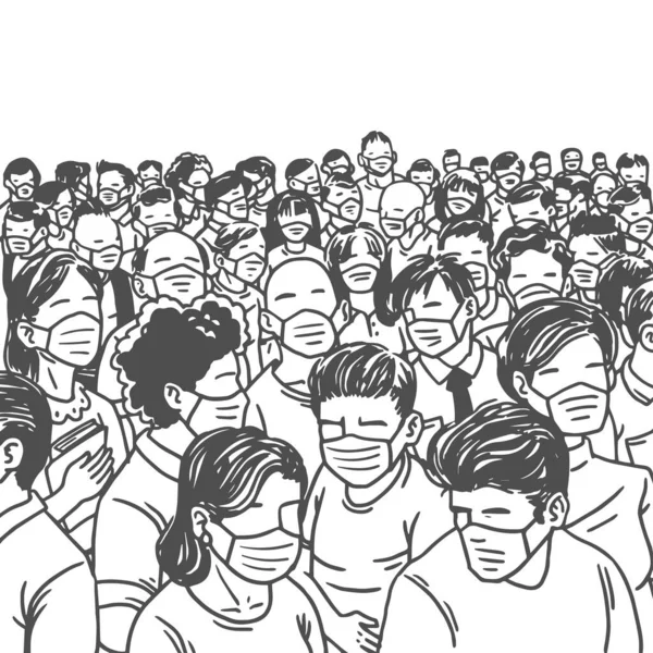 Černá Bílá Ruka Kreslení Lidé Nosí Ochranné Masky Během Covid — Stock fotografie