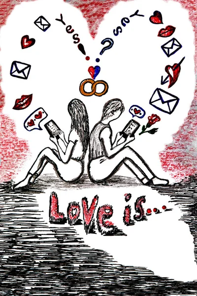 Virtuele liefde handtekening. Virtuele relatie, online daten. Fans van chatten op het smartphone scherm. Kan gebruikt worden voor een mobiele applicatie, flyer, wenskaart voor Valentijnsdag. ... — Stockfoto