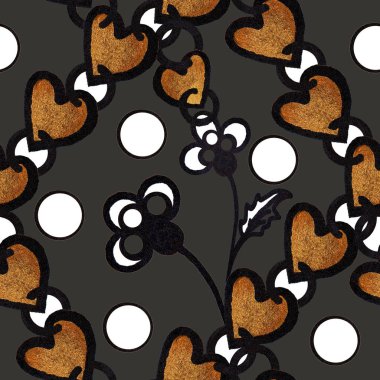 Çiçek deseni, gri arka planda kalpler. El çizimi soyut, pürüzsüz raster çizimi. Tekstil, duvar kağıdı ve Sevgililer Günü hediyeleri için ambalaj kağıdı olarak kullanılabilir..