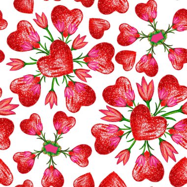 Kusursuz soyut desen. Çiçek deseni, beyaz arka planda kalpler. El çizimi soyut, pürüzsüz raster çizimi. Sevgililer Günü için hediye paketi kağıdı olarak kullanılabilir..