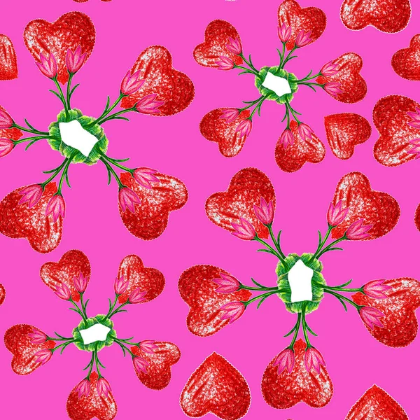 Απρόσκοπτη αφηρημένη μοτίβο. Μοτίβο λουλουδιών, καρδιές σε ροζ φόντο. Χειροποίητη αφηρημένη χωρίς ραφή απεικόνιση ράστερ. Μπορεί να χρησιμοποιηθεί ως εκτύπωση για περιτύλιγμα χαρτιού για δώρα για την Ημέρα του Αγίου Βαλεντίνου. — Φωτογραφία Αρχείου