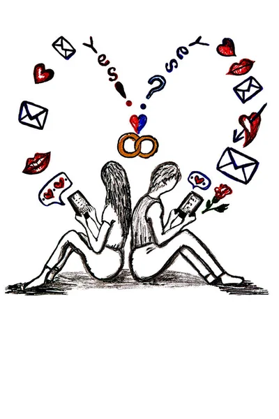 Izolovaná ruční kresba virtuální lásky na bílém pozadí. Ta holka a ten chlap si sednou dozadu a napíšou Sms na smartphony. Lze použít pro mobilní aplikace, karty na Valentýna. — Stock fotografie