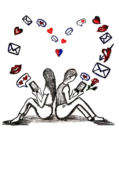 Disegno a mano isolato di un amore virtuale su sfondo bianco. La ragazza e il ragazzo si siedono dietro e scrivono SMS su smartphone. Può essere utilizzato per applicazioni mobili, carte per San Valentino . — Foto Stock