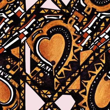 Kusursuz soyut desen. Beyaz arka planda, geometrik şekillerden siyah desenli sarı. Etnik tarz. Elle çizilmiş, soyut, pürüzsüz, kalpsiz bir desen. Tekstil ve duvar kâğıdı için baskı olarak kullanılabilir. Çizim 