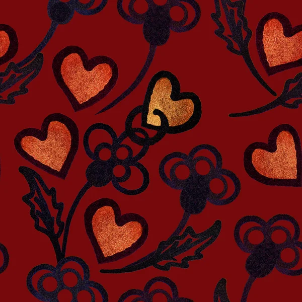 Sömlös abstrakt mönster. Mönsterhjärta och blommor på en röd bakgrund. Handritad abstrakt sömlös raster illustration. Tryck för textilier, tapeter, omslagspapper till alla hjärtans dag. — Stockfoto