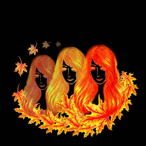 가을 카드. 가을 요정의 묘사 - 어두운 배경에 단풍나무 잎을 가진 소녀들의 추상적 인 삽화. 손에 색깔있는 연필을 들고 가을 구성을 한다. 여성의 이미지에 가을. 옷에 대한 인쇄, 가을의 개념. — 스톡 사진