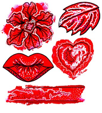 Sevgililer günü ve doğum günü için izole elementler. Dudak, çiçek, yaprak, kalp, şerit gibi akrilik boyalarla elle boyanmış. Düğün davetiyeleri, tebrik kartları, kartlar, davetiyeler için ideal
