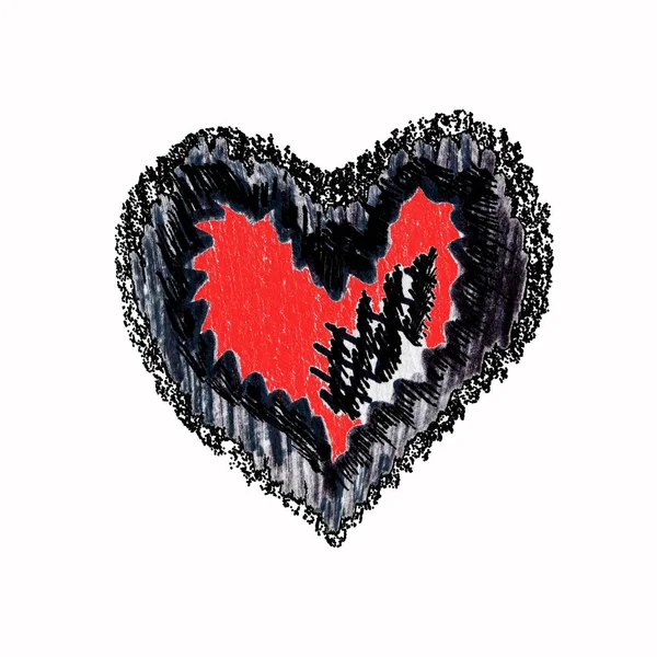 Hjärtat är rött och svart.Isolerad teckning av ett hjärta på en vit bakgrund. Sömlös bakgrund med hjärtan. Handritning med en markör. Alla hjärtans dag symbol — Stockfoto
